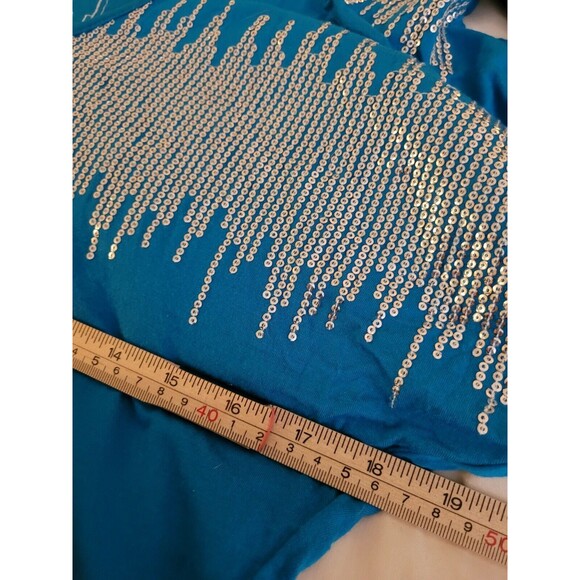 Vintage Y2K 00s Bebe Small S Teal Sequin Embellished Bling Cold Shoulder Top - Picture 8 of 8